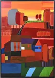 Seine Schoemaker, Ruinerwold 1946 -, Twents expressionistisch coulissen landschap, Acryl op linnen