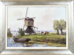G.J. Delfgaauw, Landschap met windmolen, boerin en koeien, Olieverf op linnen