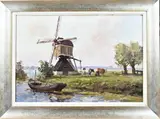 G.J. Delfgaauw, Landschap met windmolen, boerin en koeien, Olieverf op linnen