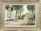G.J. Delfgaauw, Zonnige boerderij met kippen, Olieverf op linnen