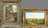 2x J.H. Mensink, Twentse boerderij + Twents landschap, Olieverf op paneel