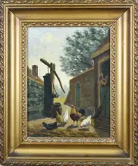 Hille Smit, Boeren achterhof met kippen, Olieverf op paneel