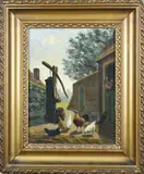 Hille Smit, Boeren achterhof met kippen, Olieverf op paneel