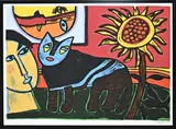 Guillaume Corneille, Vrouw met zonnebloem en poes, Texoprint op linnen