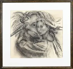 Suzanne Fabry, Zelfportret met eenhoorn, Houtskool op papier