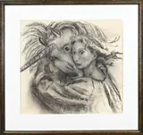 Suzanne Fabry, Zelfportret met eenhoorn, Houtskool op papier