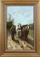 M. Vlamings, Boer met paardenspan, Olieverf op paneel