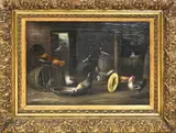 Wilhelmus Lammers, Hoenderhof in stal, Olieverf op linnen