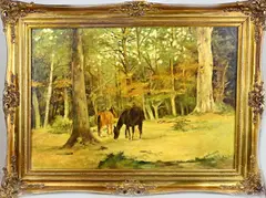 C.. v.d. Meer, Paarden bij bosrand, Olieverf op linnen