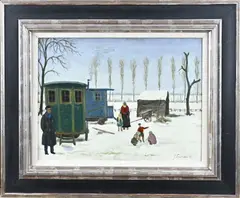 J. (Pzn.) Franken, Zigeunerkamp in de sneeuw., Olieverf op linnen