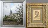 Kerk (Denekamp) + Zelfportret G. Krol by B.H. Bolink + Gerard Krol, Twentse kerk bij bloesemboom (Denekamp), olieverf op paneel., 1876 - 1950, sold Jan 2025