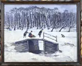 Pieter de Zwart, Sleetje rijden over houten brug, Olieverf op board