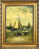 R.T Monogram, Bomschuiten met vissersvolk op strand, Olieverf op paneel