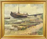 Karel Heymans, Vissersboot bij steiger, Olieverf op linnen
