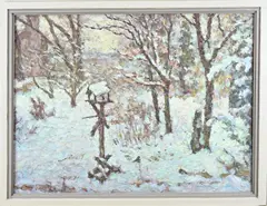 Cor Veenstra, Wintergezicht met vogelhuisje, Olieverf op paneel
