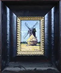 V. de Smet, Hooikapschuur en molen, Olieverf op paneel