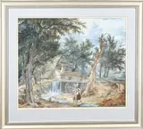 Barbier? 19e Eeuw, Landschap met watermolen, Aquarel op papier