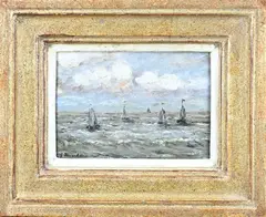 Georg Hambüchen, Schepen op volle zee, Olieverf op paneel