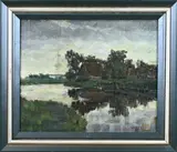 Derk Wiggers, Boerderij aan de waterkant, Olieverf op linnen