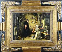 A. Franke, Keuken met figuren, Olieverf op paneel