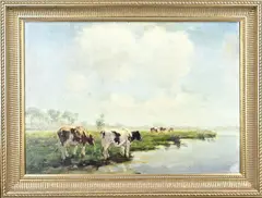 Fedor van Kregten, Koeien in weiland langs waterkant, Olieverf op linnen