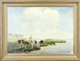 Fedor van Kregten, Koeien in weiland langs waterkant, Olieverf op linnen