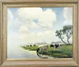 Fedor van Kregten, Koeien in weiland langs waterkant, Olieverf op linnen