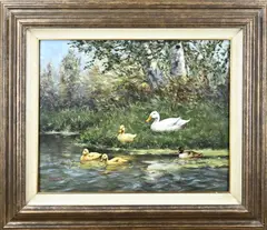 Breedveld, Eenden familie aan waterkant, Olieverf op paneel