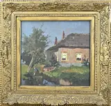 H. Bogman jr., Boeren huis met wassende vrouw, Olieverf op paneel