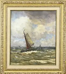 Cees van Waning, Bomschuiten op zee, Olieverf op linnen