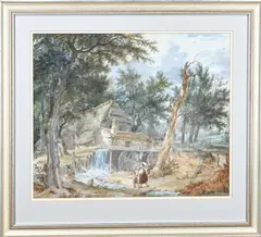 Barbier? 19e Eeuw, Landschap met watermolen, Aquarel op papier