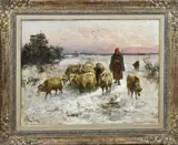 Henry Schouten, Winterse avond met schapen en herderin, Olieverf op linnen