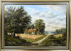 Horst Baumgart, Landschap met vakwerkhuis, 1932, Olieverf op linnen