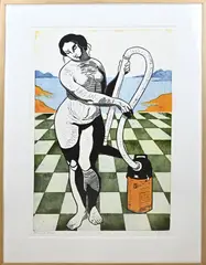 Elisabeth Kopec 95, Naakte vrouw met stofzuiger, Litho op papier