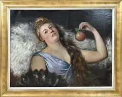 Léon Reding, Dame met waaier en appel., Olieverf op linnen