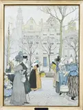 Henri Cassiers Lithografie, Grachtengezicht met gevels en figuren, Lithografie, Henri Cassiers
