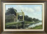 A.C. Rosemeier, Landschap met kanaal, boer en ophaalbrug, Olieverf op linnen