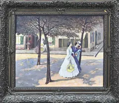 J.de Bruin, Figuren in dorpsstraat, Olieverf op paneel