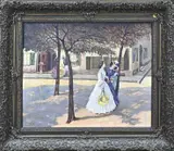 J.de Bruin, Figuren in dorpsstraat, Olieverf op paneel