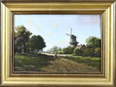 A.M. Geijp, Landschap met windmolen, boerin en kind, Olieverf op paneel