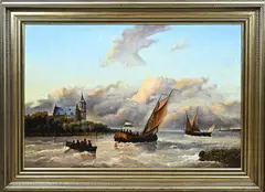 Onduidelijk monogram, Riviergezicht met zeilboot, Olieverf op linnen