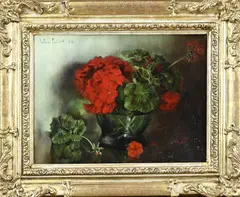 Willy Fleur, Glazen vaas met bloemen, Olieverf op linnen