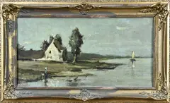 Abraham Van Schooten, Waterlandschap met figuren, Olieverf op linnen