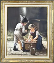 D. Kamrani, Kinderen wassen pop in tobbe, Olieverf op linnen