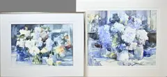 2x Jos Leurs, 2x Vaas met bloemen, Aquarel op papier