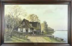 W.J. Pasman, Boerderij met boer, boerin en kippen, Olieverf op linnen