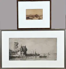 Havengezicht + landschap by 2x Hollandse School, 1x Monogram M.v.W., Havengezicht (zwarte inkt), sold Oct 2024