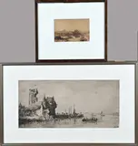 2x Hollandse School, Havengezicht + landschap, 1x Monogram M.v.W., Havengezicht (zwarte inkt)