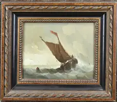 Frans v.d. Heide, Platbodem op volle zee, Olieverf op paneel