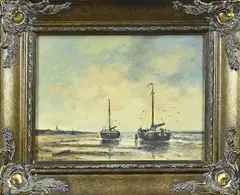 Bomschuiten op strand by Onduid. gesign., Olieverf op paneel, sold Oct 2024